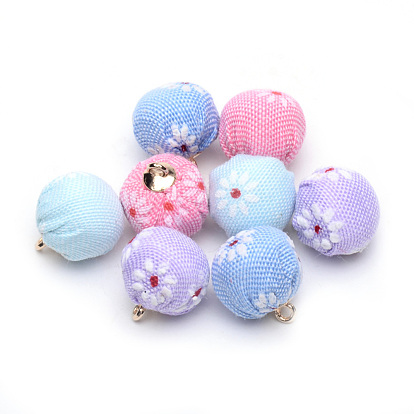 Handmade Cloth Fabric Covered Pendants, with Alloy Findings, Round with Flower, Golden