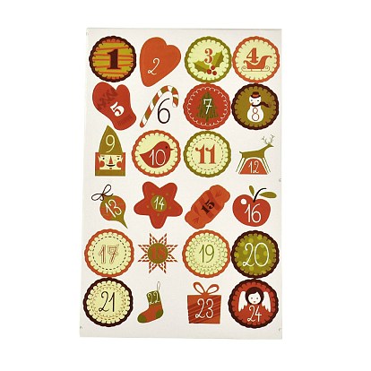 Christmas Theme Round Paper Gift Tag Self-Adhesive Stickers, Number1~24 Countdown Labels, for Gift Packaging