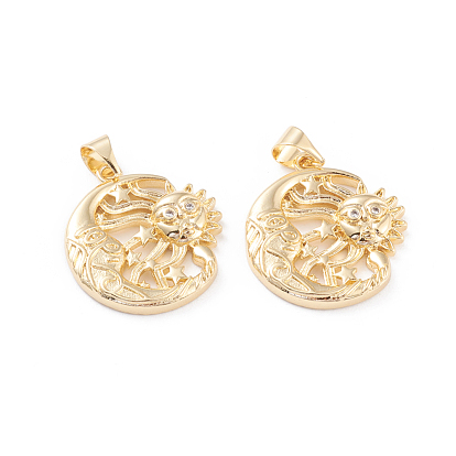 Brass Micro Pave Clear Cubic Zirconia Pendants, Long-Lasting Plated, Sun and Moon