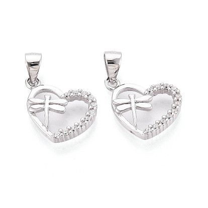 925 Сердечко из стерлингового серебра с микропаве из прозрачных кубических цирконий и подвесками в виде стрекоз, с 925 клеймом, родий
