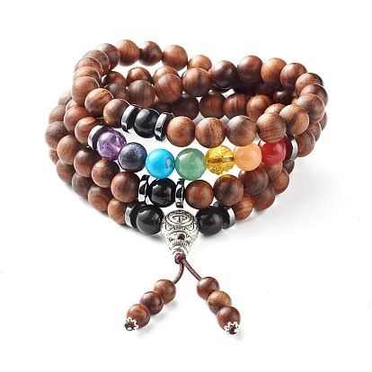 Natural Wood Beads Wrap Bracelets, Four Loops, with Tibetan Style Alloy Guru Bead Sets & Synthetic & Natural Gemstone Beads