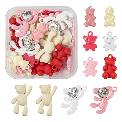 36Pcs 9 Style Pink Series Spray Painted Alloy & Alloy Rhinestone Pendants, Bear