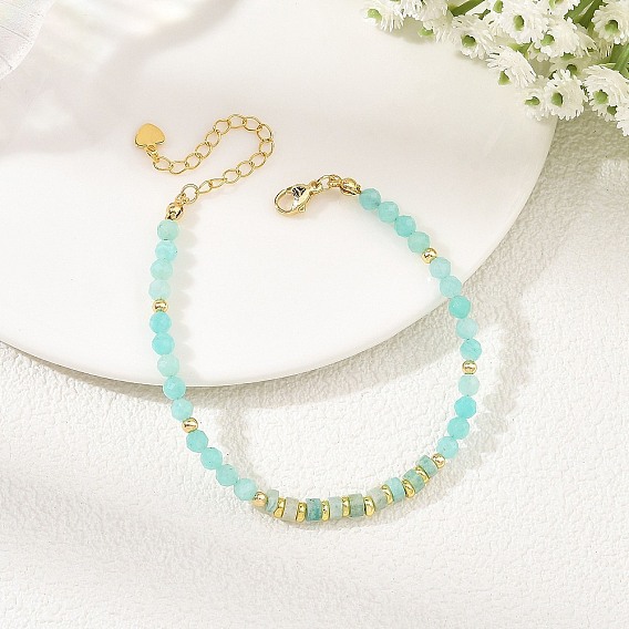 4MM Natural Amazonite and Brass Beaded Bracelets, Round and Disc