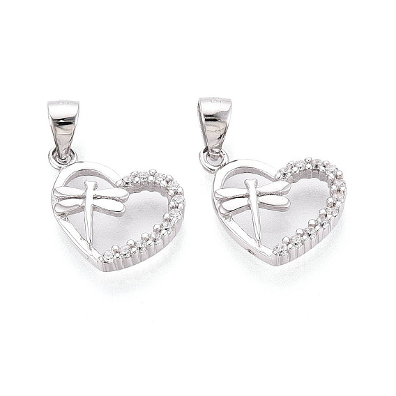 925 Сердечко из стерлингового серебра с микропаве из прозрачных кубических цирконий и подвесками в виде стрекоз, с 925 клеймом, родий