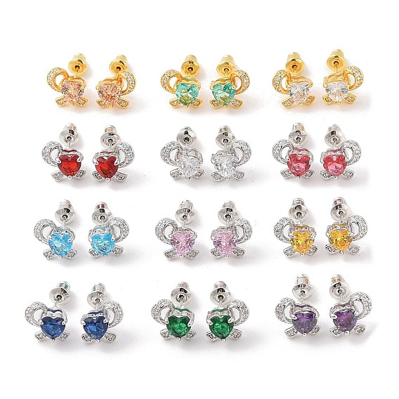 Серьги-гвоздики из латуни с микропаве из кубического циркония, долговечный, цветок, платина