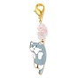 Cat Shapes Alloy Enamel Pendants Decorations, with Zinc Alloy Lobster Claw Clasps and Natural Rose Quartz Chips