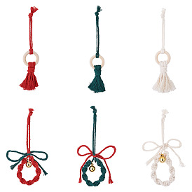 2 наборы 2 стиль рождественская тема хлопчатобумажные плетеные подвесные украшения наборы, кольцо с кисточкой, колокольчиком и бантом, для украшения свадебного фестиваля