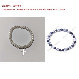 Bracelets faits à la main en porcelaine imprimée de fleurs et en perles de lapis-lazuli naturelles, avec 304 inoxydable pendentifs en acier