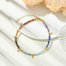 Chakra Grade A Natural Amethyst & Lapis Lazuli & Amazonite & Green Aventurinee & Tiger Eye & Carnelian & Red Jasper Faceted Round Beaded Anklets, Brass Teardrop Anklets, Golden