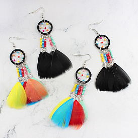 Bohemian Style Colorful Beaded Feather Pendant Earrings