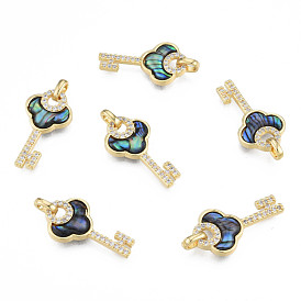 Brass Micro Pave Clear Cubic Zirconia Pendants, with Synthetic Abalone Shell/Paua Shells, Real 18K Gold Plated, Nickel Free, Key