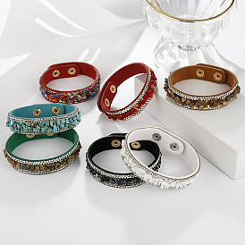 Colorful Gemstone Bracelet with Vintage Style - Diamond Inlaid, Leather and Velvet Material.