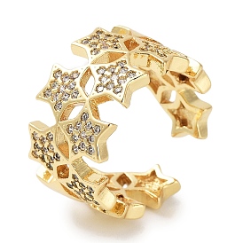 Rack Plating Brass Pave Clear Cubic Zirconia Open Cuff Rings, Cadmium Free & Lead Free, Long-Lasting Plated, Star