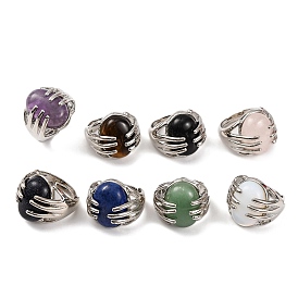 Oval Natural & Synthetic Gemstone Finger Ring, Rack Plating Platinum Tone Alloy Hug Adjustable Rings, Cadmium Free & Lead Free