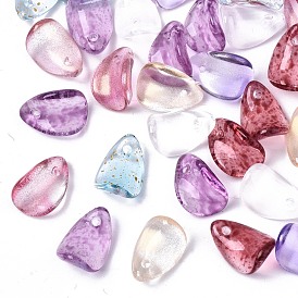 Transparent Spray Painted Glass Charms, with Glitter Powder & Gold Foil, Petaline, Mixed Style