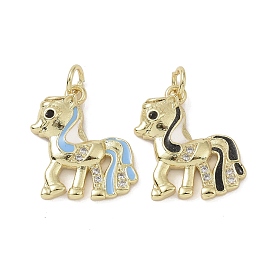 Brass Micro Pave Cubic Zirconia Pendants, with Enamel and Jump Ring, Horse Charms
