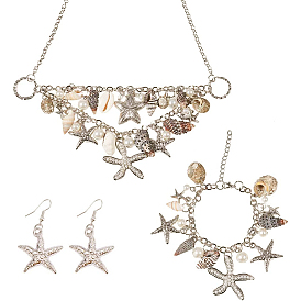 Conjuntos de moda de la estrella de mar y de la concha, collares de babero playa y pendientes colgantes y pulseras de moda encanto
