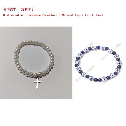 Bracelets faits à la main en porcelaine imprimée de fleurs et en perles de lapis-lazuli naturelles, avec 304 inoxydable pendentifs en acier