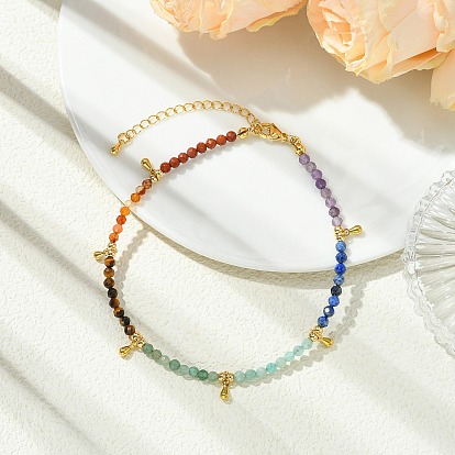 Chakra Grade A Natural Amethyst & Lapis Lazuli & Amazonite & Green Aventurinee & Tiger Eye & Carnelian & Red Jasper Faceted Round Beaded Anklets, Brass Teardrop Anklets, Golden