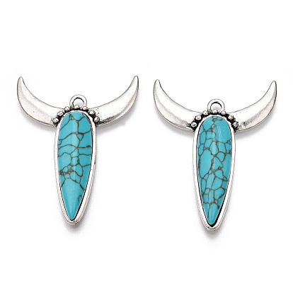 Synthetic Turquoise Pendants, with Alloy Findings, Cattle Head Charms