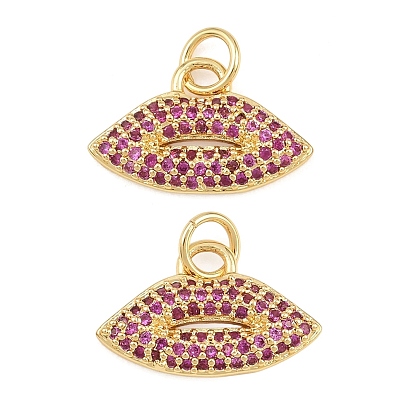 Brass Micro Pave Medium Violet Red Cubic Zirconia Pendants, Lip Charms, Rack Plating, Long-Lasting Plated, Cadmium Free & Lead Free