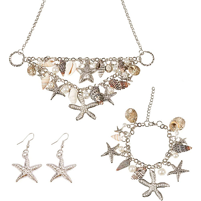 Conjuntos de moda de la estrella de mar y de la concha, collares de babero playa y pendientes colgantes y pulseras de moda encanto