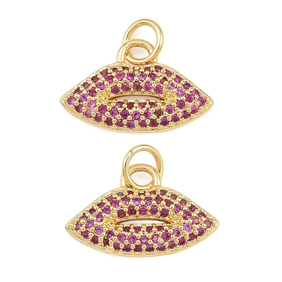 Brass Micro Pave Medium Violet Red Cubic Zirconia Pendants, Lip Charms, Rack Plating, Long-Lasting Plated, Cadmium Free & Lead Free