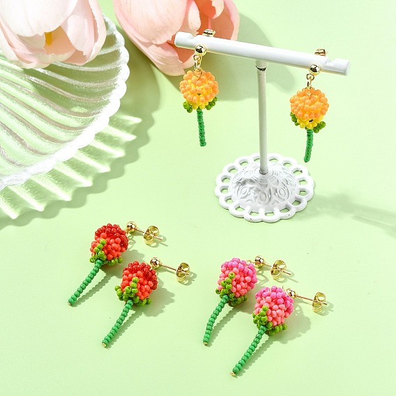 304 серьги-гвоздики из нержавеющей стали с розовым стеклом и бусинами, золотые