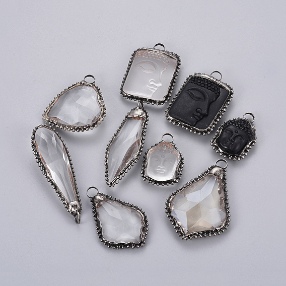Glass Big Pendants, with Brass Findings, Faceted, Mixed Shapes