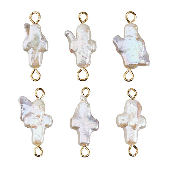 6шт. натуральный жемчуг Кеши поперечные связи соединительные подвески, с 304 двойными петлями из нержавеющей стали, цветочный белый