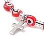 Lampwork Evil Eye & Stainless Steel Column Beaded Stretch Bracelet with Cross Charm for Women