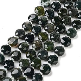 Natural Moss Agate Beads Strands, Faceted Hexagonal Cut, Flat Round, with Seed Beads