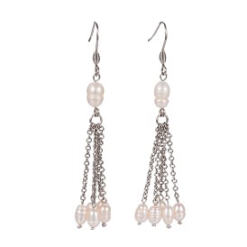 Grade A Natural Freshwater Pearl Dangle Tassel Earrings, with Stainless Steel Earring Hooks and Rolo Chains