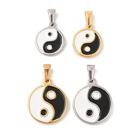 304 Stainless Steel Pendants, with Enamel, Flat Round with Yin-yang Charm