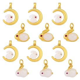 12Pcs 4 Style Alloy Glass Charms, with Rhinestone, Matte Gold Color, Rabbit & Moon with Rabbit