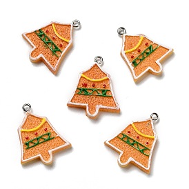 Opaque Resin Pendants, with Platinum Tone Iron Loops, Imitation Gingerbread, Christmas Bell
