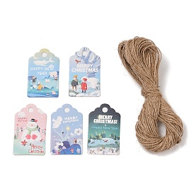 50Pcs Christmas Theme Paper Printed Gift Tags, with Hemp Rope, Rectangle