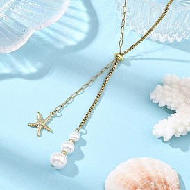 Sommerstrand 304 Lariat-Halsketten mit Seesternanhänger aus Edelstahl und Muschelperle, verstellbare Schiebeketten für Damen, weiß