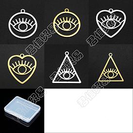 Unicraftale 12Pcs 6 Style Ion Plating(IP) 201 Stainless Steel Pendants, Laser Cut, Hollow, Heart with Eye & Flat Round with Eye & Triangle with Eye