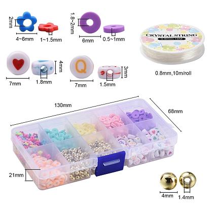 DIY Jewelry Making Kits, Including Disc/Flat Round & Flower Handmade Polymer Clay Beads, Round ABS Plastic Beads, Flat Round Opaque & Craft Style Acrylic Beads and Elastic Crystal Thread