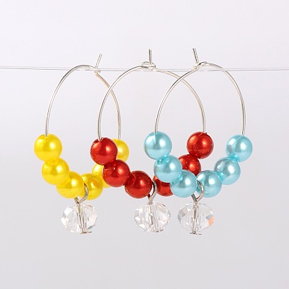 Имитация акриловые жемчужные бусы стеклянные винные прелести, со стеклянными бусами и серьгами латуни обручем, платина, 34 мм , штифт: 0.7 мм