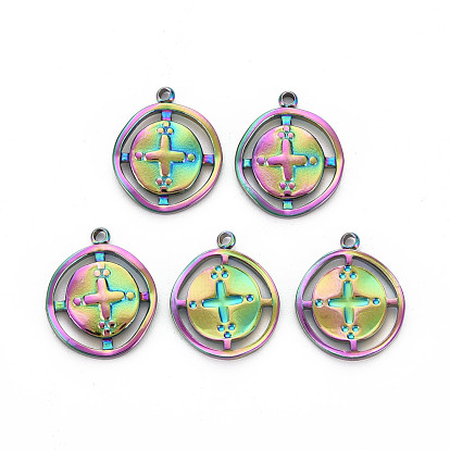 201 Stainless Steel Pendants, Hollow, Flat Round with Cros