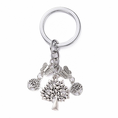 Alloy Keychain Findings, with Alloy Split Key Rings, with Tree & Flat Round & Butterfly Pendants