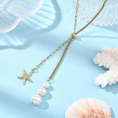 Sommerstrand 304 Lariat-Halsketten mit Seesternanhänger aus Edelstahl und Muschelperle, verstellbare Schiebeketten für Damen, weiß