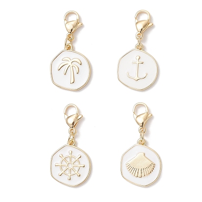 Плоские круглые подвесные украшения из латунной эмали, с 304 из нержавеющей стали Lobster Claw застежками