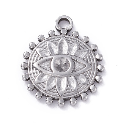 304 Stainless Steel Pendant Rhinestone Cabochons, Flat Round with Eye