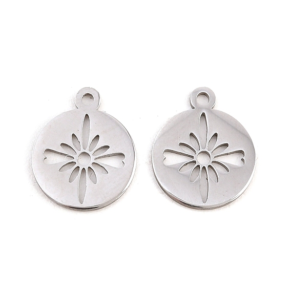 Valentine's Day 304 Stainless Steel Charms, Round with Flower Charms