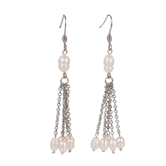 Grade A Natural Freshwater Pearl Dangle Tassel Earrings, with Stainless Steel Earring Hooks and Rolo Chains