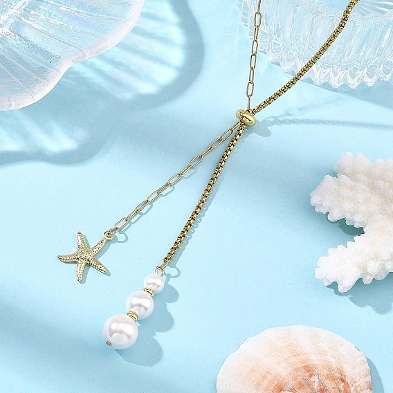 Playa de verano 304 Collares largos con colgante de estrella de mar de acero inoxidable y perla de concha, Collares deslizantes ajustables para mujer, blanco