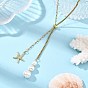 Playa de verano 304 Collares largos con colgante de estrella de mar de acero inoxidable y perla de concha, Collares deslizantes ajustables para mujer, blanco